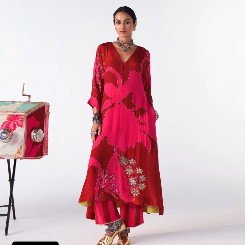 Rajiramniq Sakhi Red Magenta embellished handwork Kaftan Kurta Set